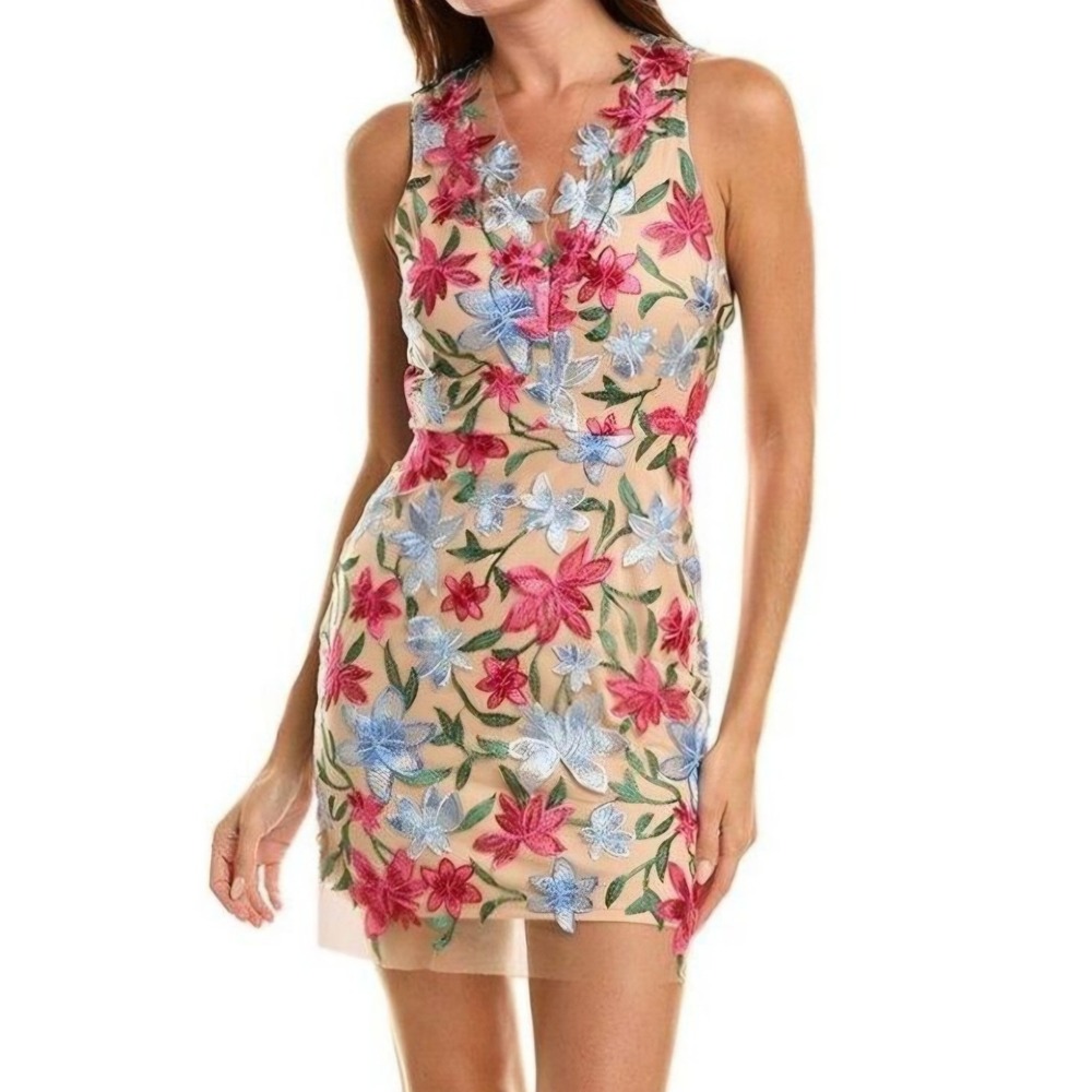 Sam Edelman Floral Embroidered Mesh V-Neck Mini Cocktail Dress Nude Womens 6